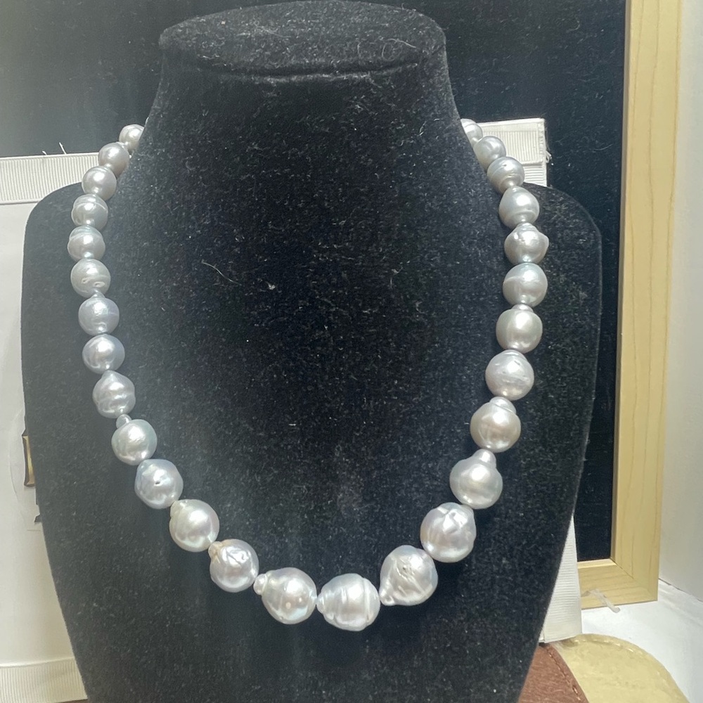 Stunning Silver Pearl Necklace with Lustrous Iridescent Sheen Baroque